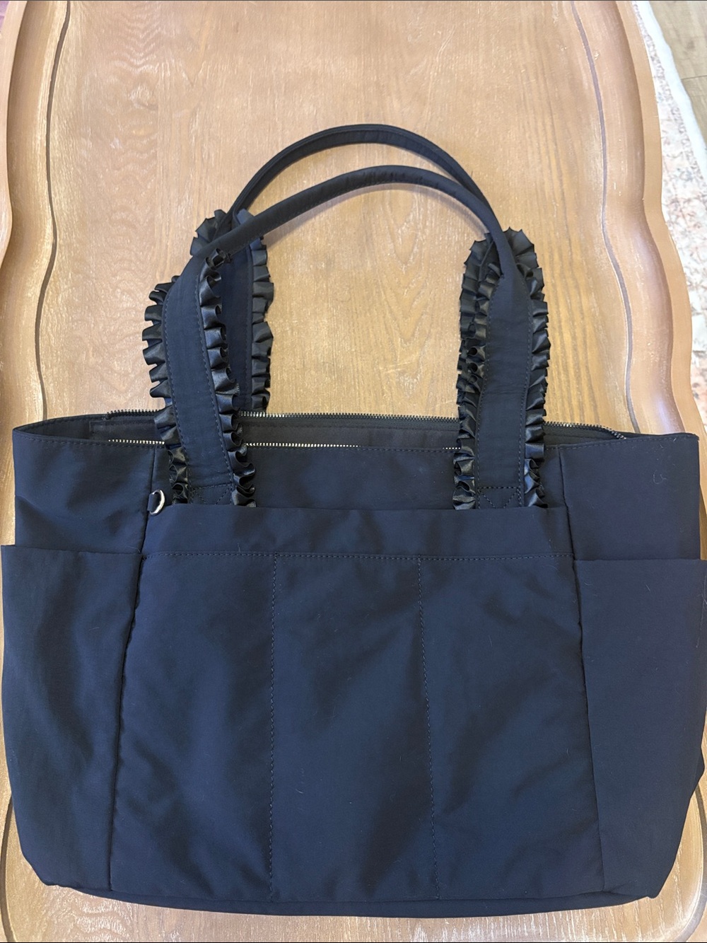 Black Ruffled Handle Tote Bag - Women's Everyday Shoulder Bag